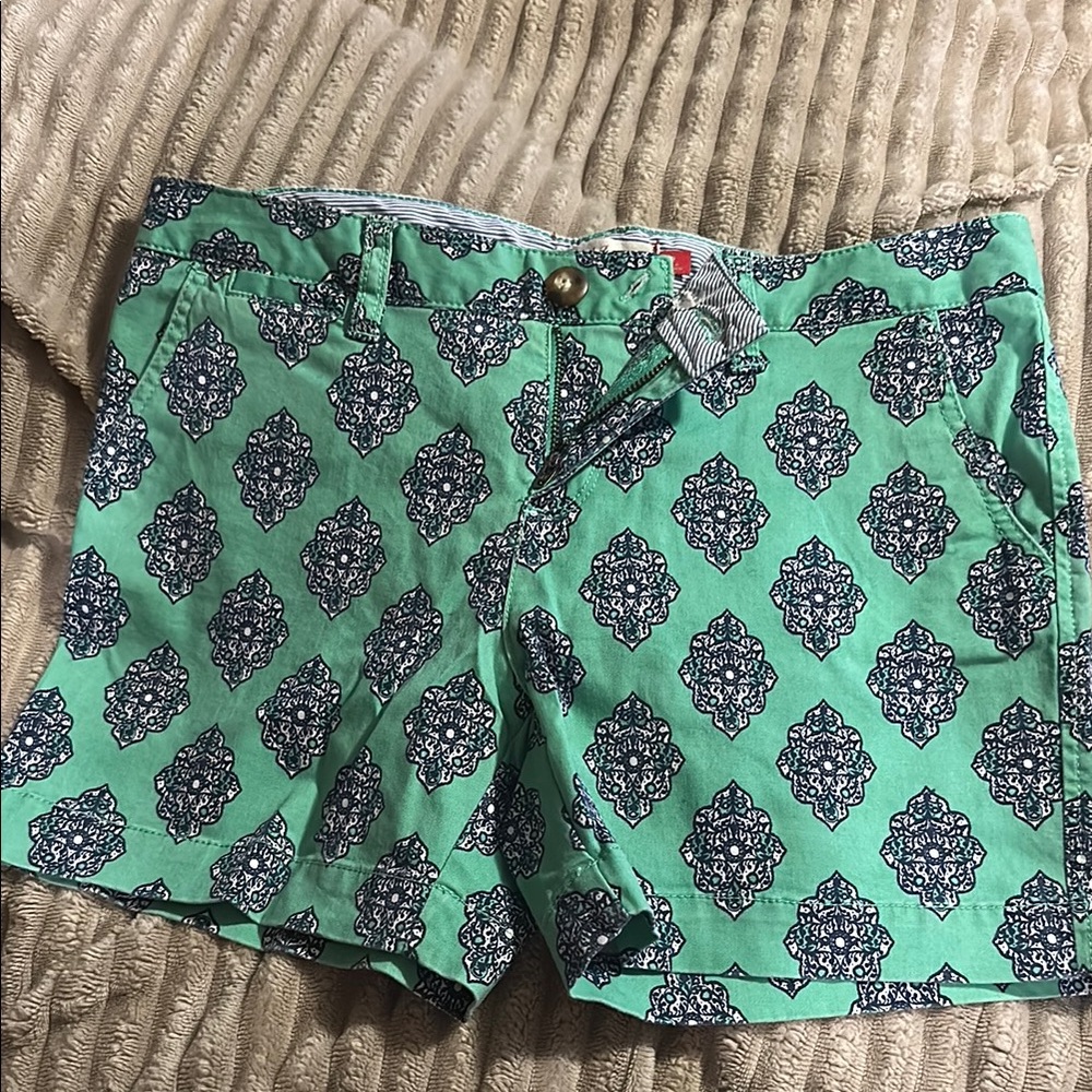 Red Camel Green and Blue Bermudas with Bold Pattern